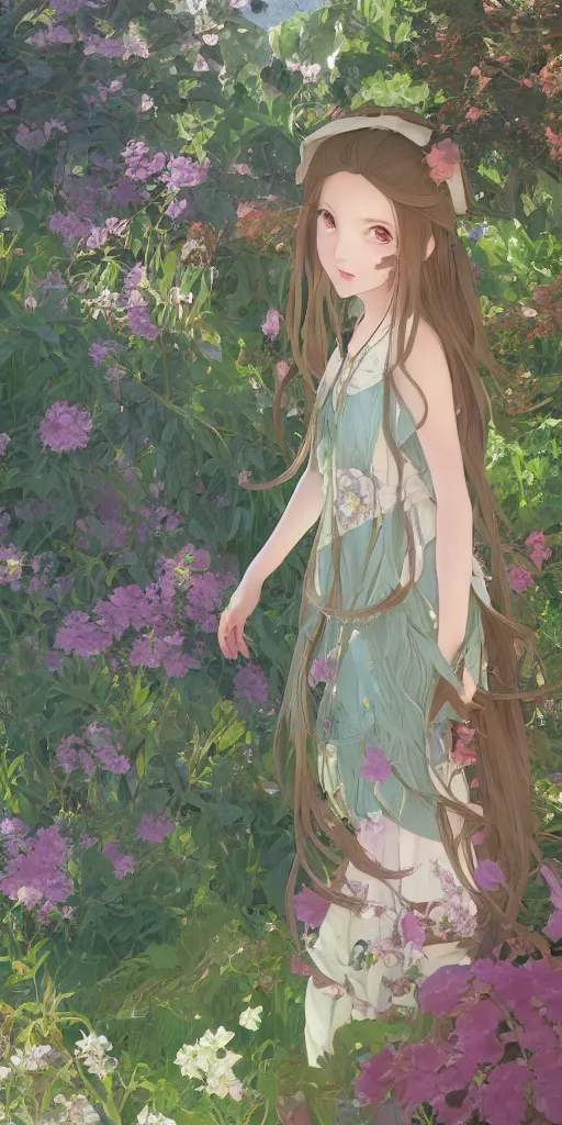 Prompt: a digital art of a loli with long hair in a dress in the privet garden at after noon, green and warm theme, back lighting, by krenz cushart and mucha and akihito yoshida and greg rutkowski and makoto shinkai, graphic design, detailed eyes, 4 k resolution, trending on art station