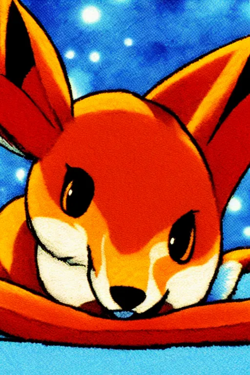 Image similar to An Eevee fox lying on a red carpet, poster art by Ken Sugimori, featured on Pixiv, furry art, anime aesthetic, poster art, 2d