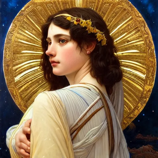 Prompt: highly detailed oil painting | very intricate | cinematic lighting | award - winning | the beautiful angel of saturn wearing a flowing toga | by godward, by tom bagshaw, by j. c. leyendecker and klimt, beautiful cinematic light, american romanticism, by alphonse mucha, artstation, cgsociety, official art, octane, detailed face