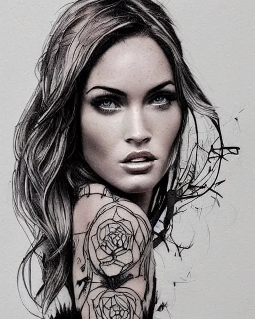 Image similar to double exposure effect tattoo design sketch of megan fox and beautiful mountains, surrealism tattoo, in the style of matteo pasqualin, amazing detail, sharp