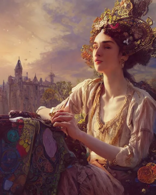 Image similar to a stunning intricate exquisite imaginative exciting western commoner close up portrait of an curious woman sitting with homely looks, tattered work clothes, ornate magical intricate and soft by ruan jia, tom bagshaw, alphonse mucha, krenz cushart, beautiful palace ruins in the background, epic sky, vray render, artstation, deviantart, pinterest, 5 0 0 px models