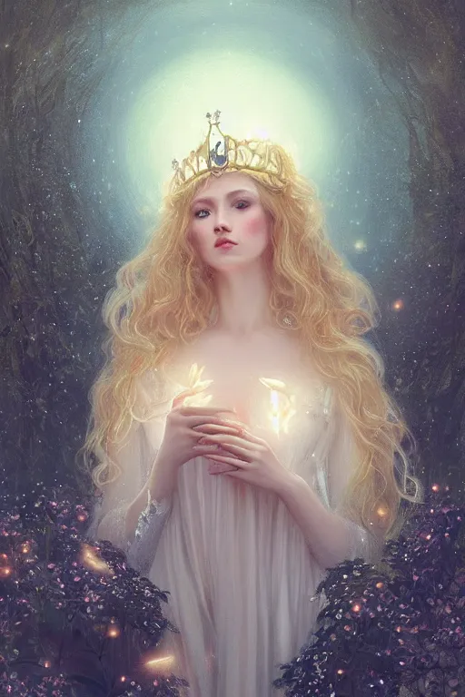 Image similar to Nocturne, glowing, stars, beautiful sly fae bohemian girl, long blonde hair, tiara, highly detailed, mysterious, ethereal, sigils, haute couture, illustration, dramatic lighting, soft details, painting, by Edmund Blair Leighton, Brom, Charlie Bowater, trending on artstation, faces by otto schmidt