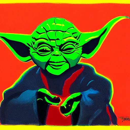 Image similar to evil yoda, red power, dark background, artwork by john hoyland and cory loftis