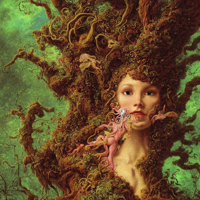 Prompt: a close - up rococo portrait of an colorful alien elf - like creature with whimsical features standing in moss, mushrooms, and swamp. night time. rich colors, high contast. gloomy, highly detailed 1 8 th century sci - fi fantasy masterpiece painting by jean - honore fragonard, moebius, and johfra bosschart. artstation