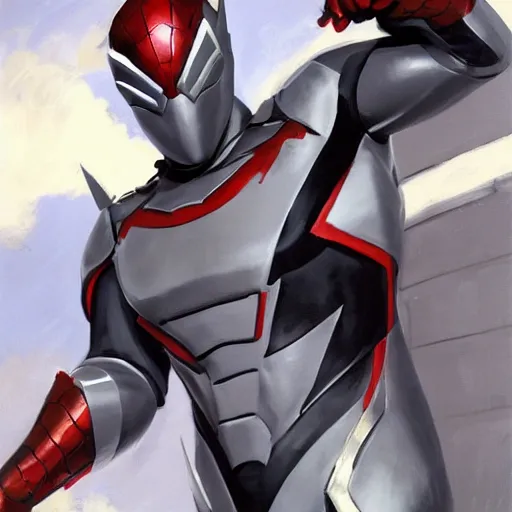 Image similar to greg manchess portrait painting of armored spiderman ultraman grey fox from metal gear cyborg japanese - american hybrid as overwatch character, medium shot, asymmetrical, profile picture, organic painting, sunny day, matte painting, bold shapes, hard edges, street art, trending on artstation, by huang guangjian and ail elvgren and sachin teng