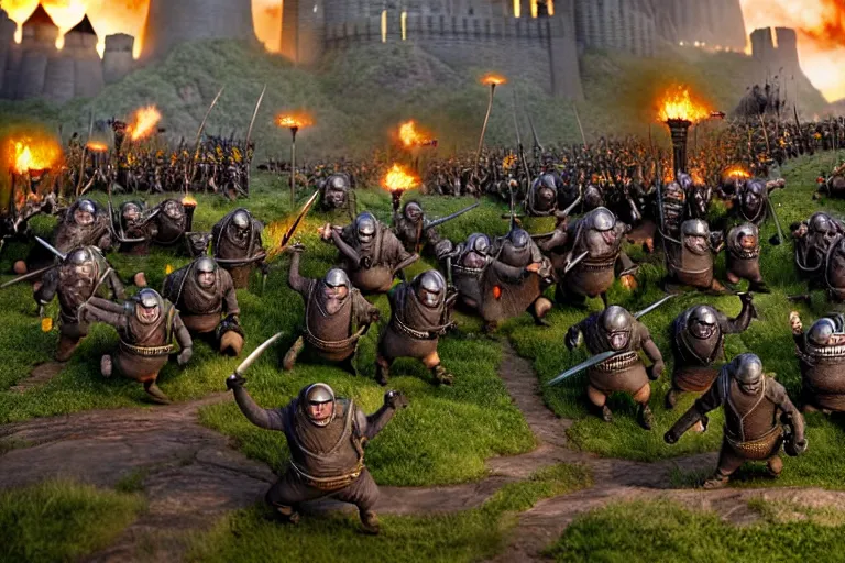 Image similar to diorama of minions fighting orcs in the battle of helm's deep, giant castle walls, realistic, 4 k, detailed