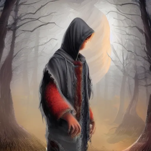 Image similar to small human in hood, fantasy digital art