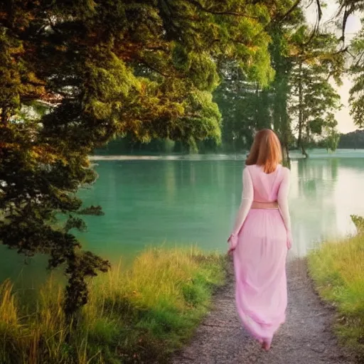 Image similar to a beautiful girl wearing white dresses beautiful face, clear facial features, walking with a dog, john martin landscape lake evening, pastel pink and blue colors