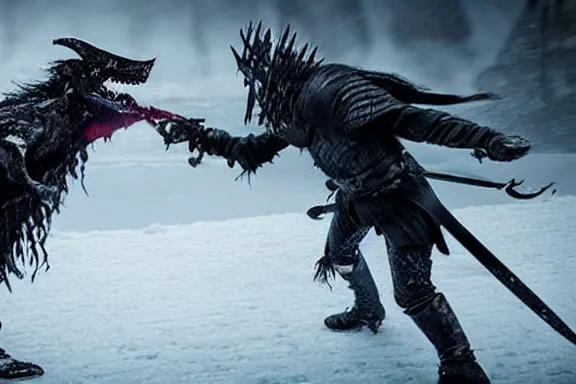 Image similar to very very intricate photorealistic photo of jon snow fighting the night king, photo is in focus with detailed atmospheric lighting, award - winning details