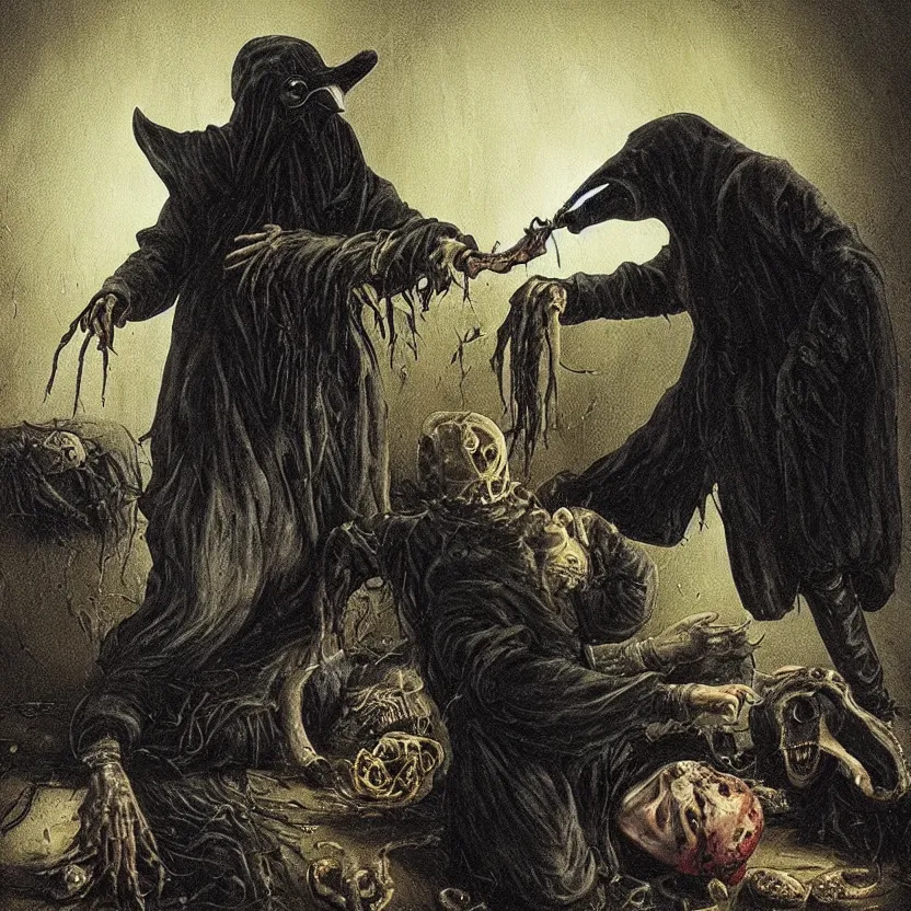 Prompt: plague doctor embracing a decomposing corpse being eated by maggots, by dario argento and david cronenberg, morbid, nightmare, supernatural, 8 k, highly detailed, chiaroscuro, creepy, terrifying