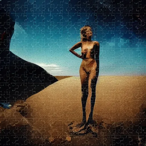 Image similar to A surreal painting of a puzzle of a beautiful woman on a desert beach with scattered puzzle pieces by Salvador Dali, dark vibes, high contrast, cinematic, depth of field