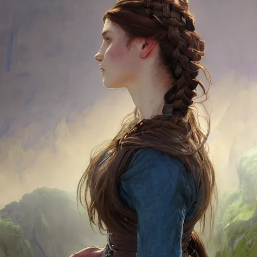 Prompt: portrait of a commoner, cloth, blue hour, solemn, dungeons and dragons character, dramatic lighting, female, brown hair, celtic braid, looking at castle background, gorgeous view, realistic, high detail, digital art, painted by greg rutkowski, painted by jeremy mann, painted by alphonse mucha, trending on artstation