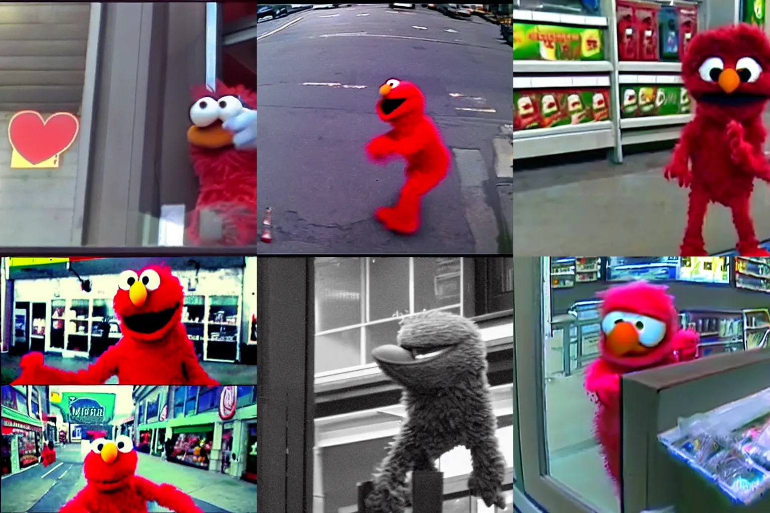 Prompt: cctv cam footage of elmo robbing a store