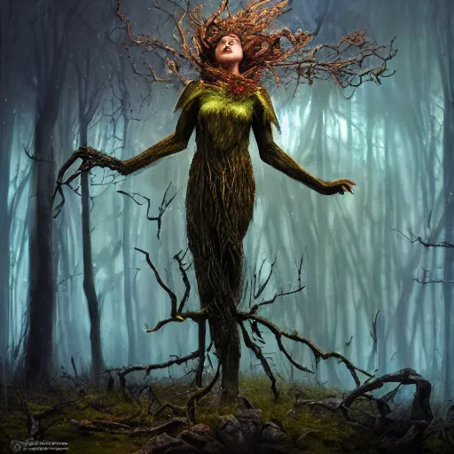 Image similar to anna podedworna dryad of the forest, mischievous geometric spell prism, dramatic composition, dramatic composition, dramatic composition, fantasy, mtg, magic the gathering, wizards of the west coast, digital 2d, trending on artstation, artstation, dramatic lighting, blurred background, 8k, 8k, 8k, hyper detailed, ultrarealistic, masterpiece, digital art