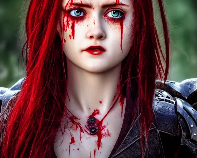 Prompt: award winning 5 5 mm close up face portrait photo of an anesthetic and beautiful redhead alita battle angel who looks directly at the camera with blood - red wavy hair, intricate eyes that look like gems, and long fangs, in a park by luis royo. rule of thirds.