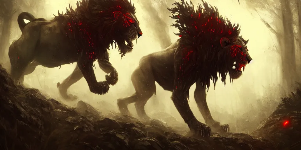 Prompt: nightmare of humanoid lions in heavy armor, red glowing eyes, hunting in the forest. in style of greg rutkowski and hyung - tae kim, trending on artstation, dark fantasy, great composition, concept art, highly detailed, dynamic pose, vibrant colours, epic, 8 k.