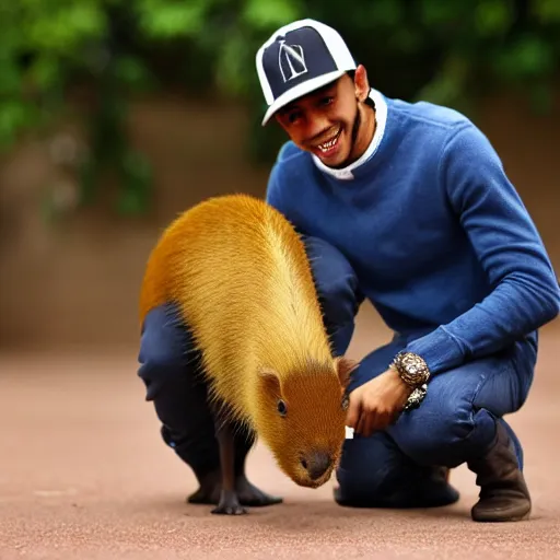 Image similar to an award winning photo of lewis hamilton holding a baby capybara, 4 k