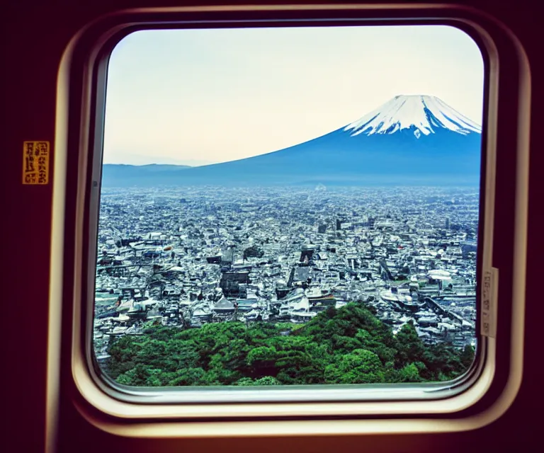 Prompt: a photo of mount fuji, among beautiful japanese landscapes, seen from a window of a train. dramatic lighting.