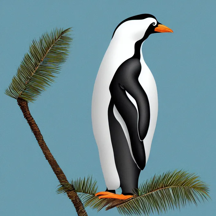 Prompt: penguin with a palm tree growing on its head, digital art, highly detailed