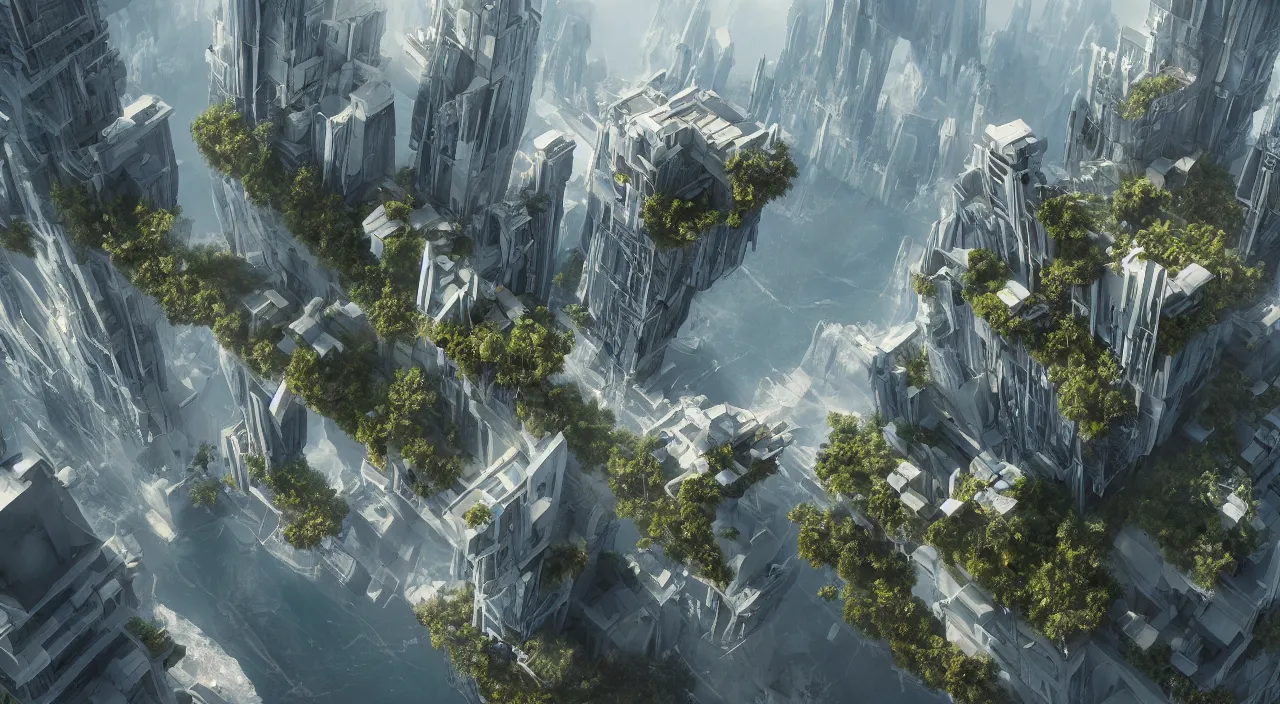 Image similar to a matte painting of high - tech floating city earthquake, concept art, gravels around, coconut palms, weightlessness, reverse, by oksana dobrovolska, vicotr hugo harmatiuk, joon ahn, yang qi, romain jouandeau, quy ho, karol bak, beeple, 4 k, unreal engine, vray render, artstation