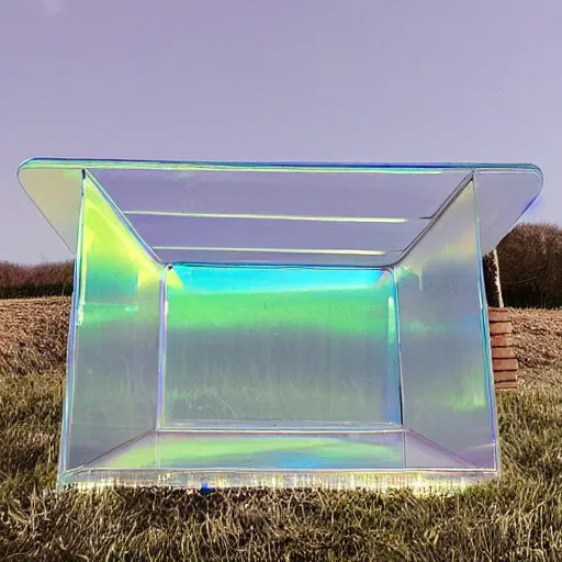 Prompt: a pastel coloured Polaroid photo of a sun lounger and shelter made of transparent iridescent perspex stood centrally in a field, beams of light, nostalgic