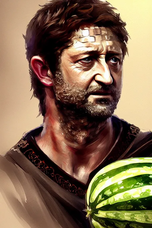 Image similar to portrait gerard butler as a greek king sitting on a watermelon, greek, intricate, headshot, key visual, conceptart, ambient lighting, highly detailed, digital painting, artstation, concept art, sharp focus, by makoto shinkai and akihiko yoshida and greg manchess