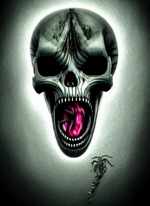 Prompt: skull - tongue as xenomorph queen, psycho stupid fuck it insane, looks like death but cant seem to confirm, cinematic lighting, psychedelic fluorescent phosphorescent patterns, various refining methods, micro macro autofocus, ultra definition, award winning photo, to hell with you, glowing bones, devianart craze, a gammell - giger film