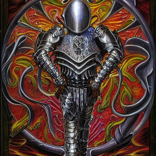 Image similar to medieval fantasy armored knight, by alex grey, TOOL band art, psychedelic, fractals, detailed, 8K