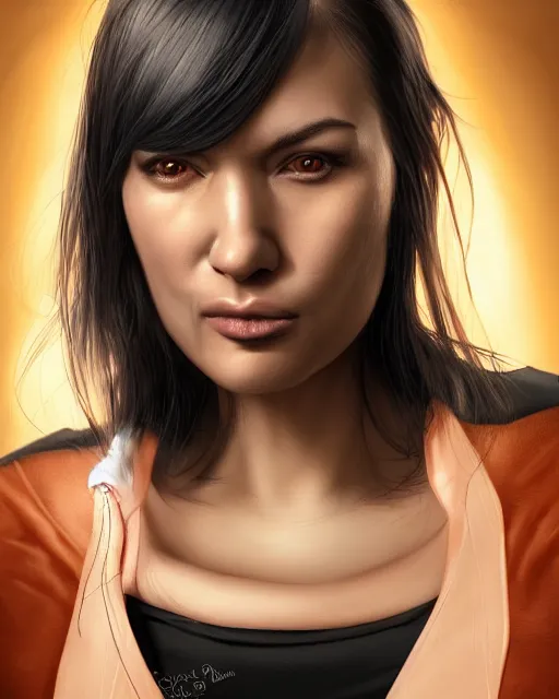 Image similar to portrait of a tall 4 0 - year - old woman with thin lips, heavy - lidded eyes, a strong jaw and long, thick shining black hair, thick eyebrows and long eyelashes, wearing in black clothes, hyper realistic face, beautiful eyes, character art, art by mark brooks, hyperdetailed, cryengine, trending on artstation, digital art