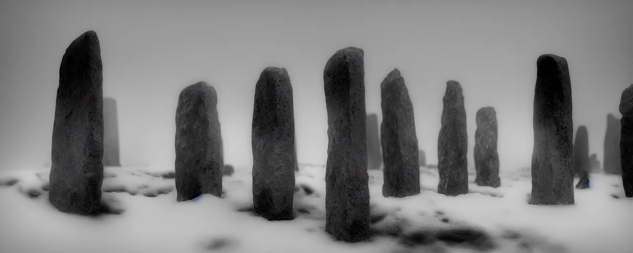 Prompt: a miniature diorama of neolithic standing stones, by sarah moon and joel peter witkin, macro photography, grainy, snow, highly detailed, gloomy and foggy atmosphere, octane render, cinematic lighting tri - x, 8 k, hd