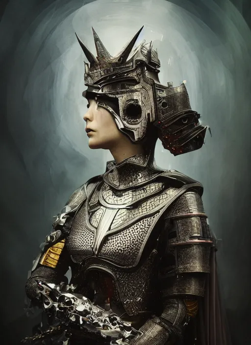 Image similar to portrait of futuristic king arthur knight cyborg geisha, kintsugi, modern fine art, fractal, intricate, elegant, highly detailed, digital photography, subsurface scattering, in the style of ghost, by jheronimus bosch and frank miller and greg rutkowski,