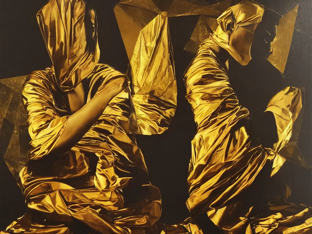 Image similar to hyperrealistic still life oil painting of a 3d sculpture of a monk dressed in black and gold robe, meditating sitting down wrapped in fabric and gently smiling, surrounded by prisms in a tesseract, by Caravaggio and bruce pennington, botanical print, surrealism, vivid colors, serene, golden ratio, minimalism, negative space