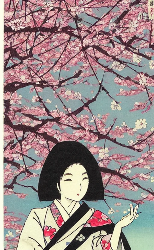 Prompt: by akio watanabe, manga art, blossoming sakura petals and white sky, trading card front, kimono, sun in the background