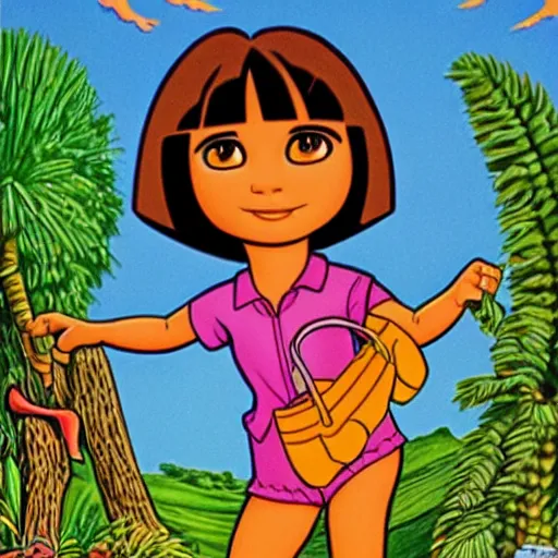 Prompt: dora the explorer as real girl, in lowbrow style, realism painted by Robert Crumb, Victor Moscoso, Steve Clay Wilson