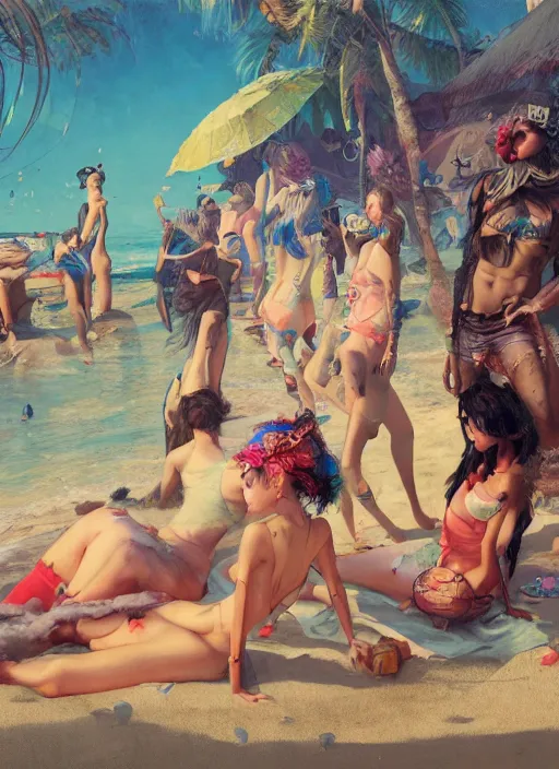 Prompt: beautiful fantasy painting scene of a Hiphop Lofi beach party, by Kenne Gregoire, James Jean, Tran Nguyen, WLOP, Jakub Rebelka. trending on Artstation, 8k, masterpiece , graffiti paint, fine detail, full of color, intricate detail, golden ratio illustration