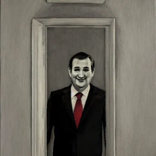 Image similar to Ted Cruz with a wide grin peaking through a door in the distance at the end of a narrow corridor, black and white, creepy lighting, scary, horror, ornate, eerie, fear, photorealistic oil painting