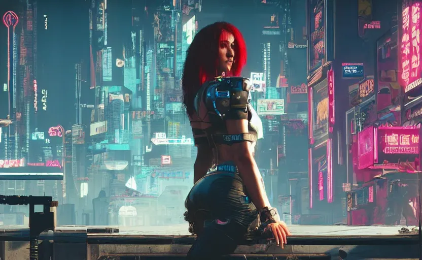 Prompt: woman that knows everything, but don't know what to do in cyberpunk 2 0 7 7 future city new york tokio, red short hair, slim body