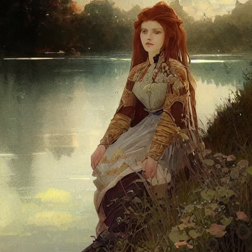 Image similar to A beautiful portrait of A beautiful!!! female knight sitting by the lake by greg rutkowski and alphonse mucha,In style of digital art illustration.Dark Fantasy.WLOP.hyper detailed,smooth, sharp focus,trending on artstation,4k