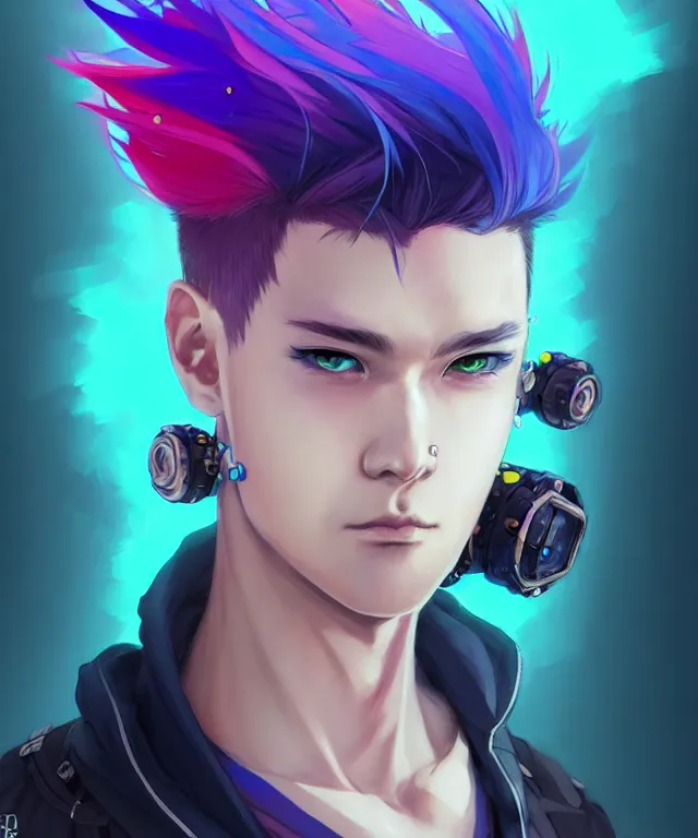 Prompt: character concept art of a cute cyberpunk boy with colorful hair and piercings | | cute - fine - face, pretty face, key visual, realistic shaded perfect face, fine details by stanley artgerm lau, wlop, rossdraws, james jean, andrei riabovitchev, marc simonetti, and sakimichan, trending on artstation