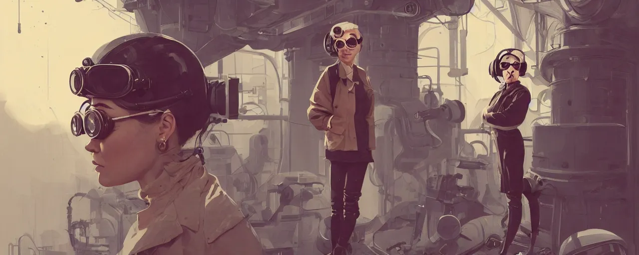 Image similar to illustration 3 / 4 portrait of stoic heroic emotionless butch blonde woman engineer with short slicked - back hair, wearing victorian goggles, no makeup, awkward and uncomfortable and anxious, dirty, dynamic composition by sachin teng and sergey kolesov and ron cobb. industrial space program, scifi, hyper detailed. octane render. concept art. trending on artstation