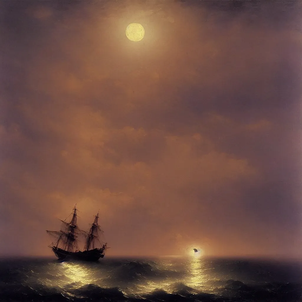 Prompt: Painting by Ivan Aivazovsky, Sailing ship on a moonlit night