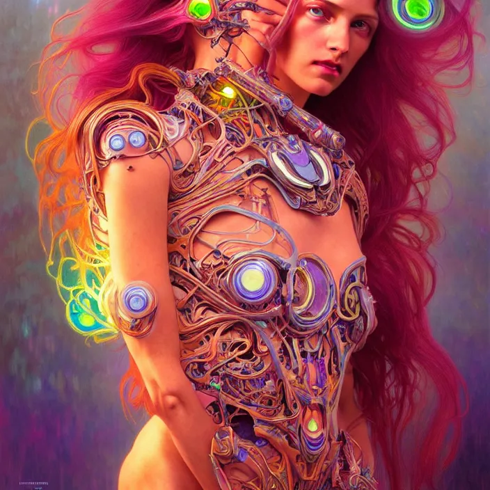 Image similar to bright psychedelic organic cyborg with glowing skin and long hair, diffuse lighting, fantasy, intricate, elegant, highly detailed, lifelike, photorealistic, digital painting, artstation, illustration, concept art, smooth, sharp focus, art by John Collier and Albert Aublet and Krenz Cushart and Artem Demura and Alphonse Mucha