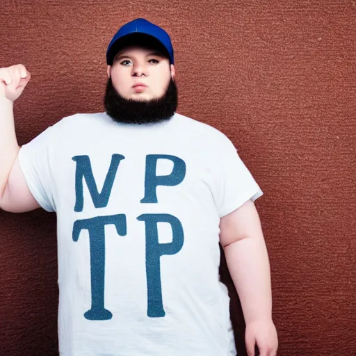 Image similar to obese young man with a t-shirt and cap with the letter P, drawing a comic