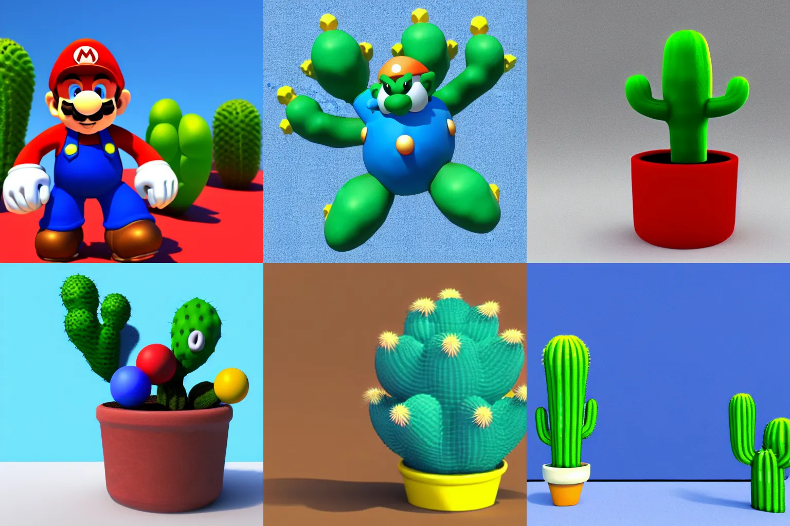 Prompt: 3D render of a mario shaped cactus with blue background