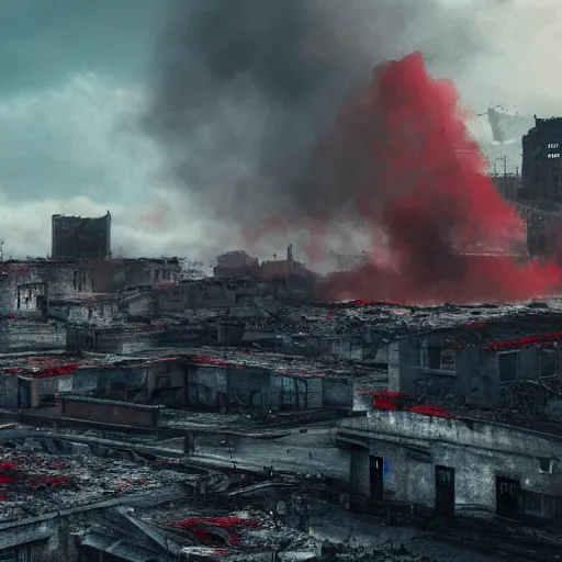 Image similar to politics, destroyed landscape and buildings, dystopian, war, real, red and blue smoke, highly detailed 8k