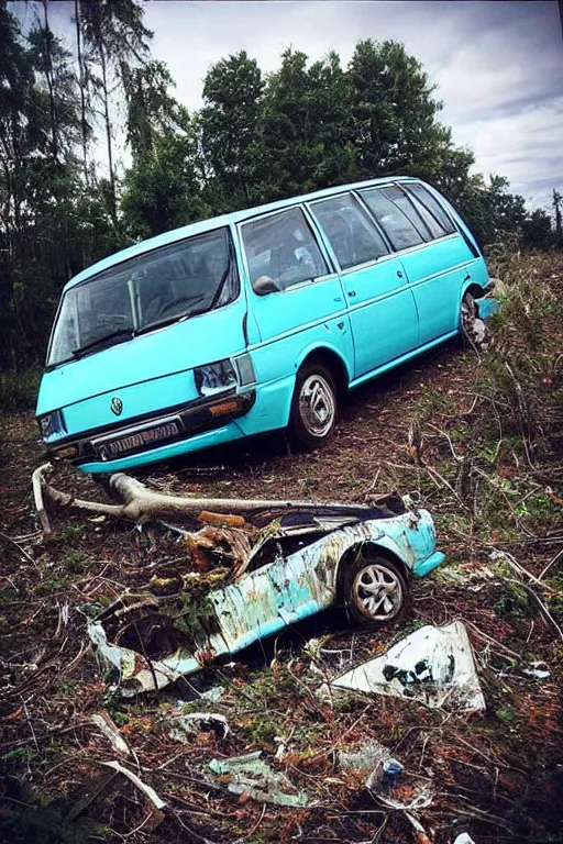 Image similar to “Old disintegrated blue Skoda Octavia Combi in a depressing dead forest”