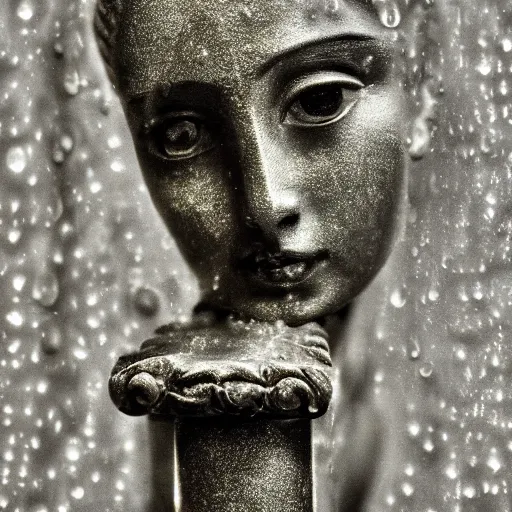 Image similar to sculp of Cleopatra on the rain, faith, ant view, night, smoke, shadows, award winning photography