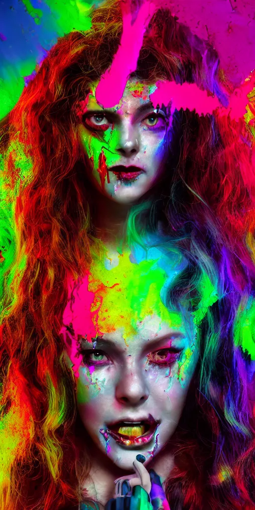 Image similar to impossibly beautiful female retro horror movie slasher villain, summer camp, complexity, horror, psychedelic glitch art, rainbow drip paint, trending on art station, photoreal, 8k, octane render