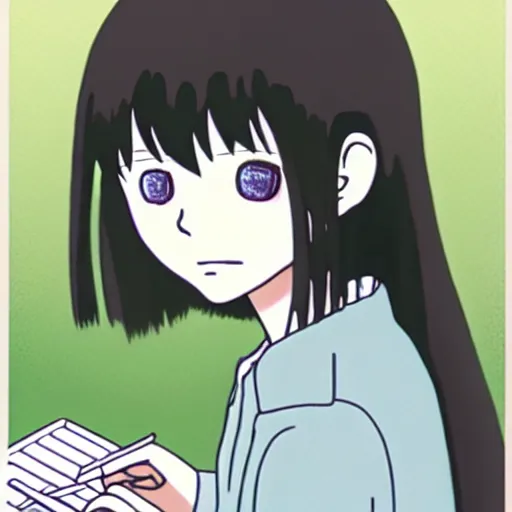 Image similar to full view of girl studying at her future computer, from serial experiments lain, style of yoshii chie and hikari shimoda and martine johanna and studio ghibli, highly detailed