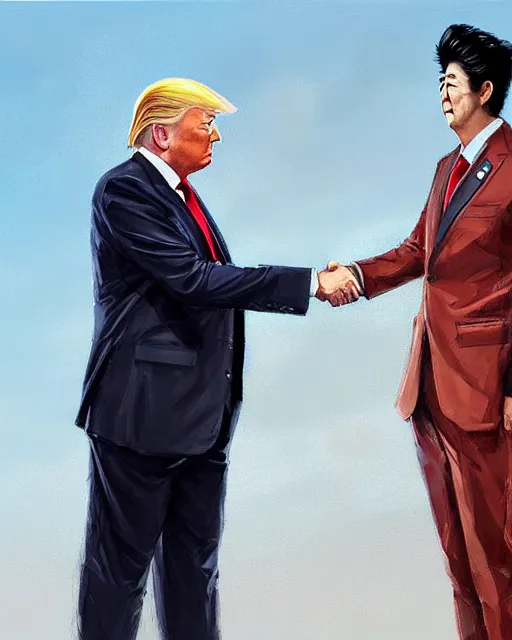 Prompt: donald trump and shinzo abe facing each other off dressed in spaceship pilot dresses shaking hands, portrait, illustration, rim light, top light, perfectly shaded, spring time, slight overcast lighting, soft painting, art by krenz cushart and wenjun lin